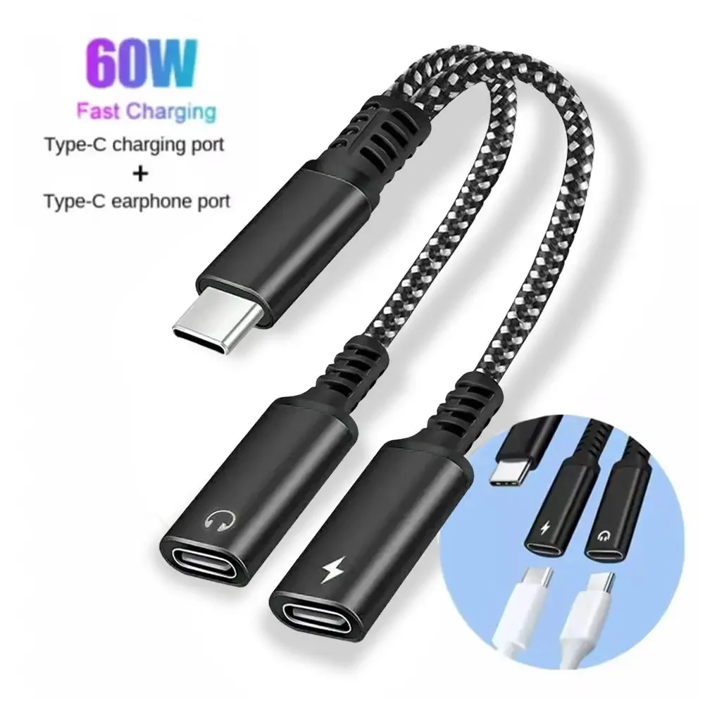 30w Type C Splitter To Dual Type USB C Headphone Jack Audio Adapter Fast Charging Connector For Samsung IPhone 2 In 1 K7N8 usb to type c adapter type c adapter audio headphone adapter type c to 3.5mm adapter type c aux adapter type c to aux adapter 3.5mm audio adapter