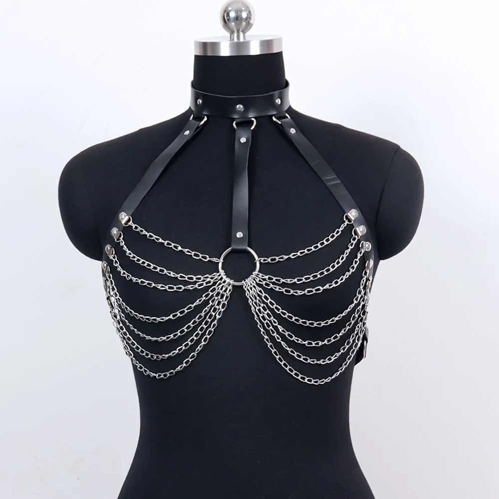 Women Bra Erotic Lingerie Harness Body Chain PU Leather Chest Harness Bondage Suspenders Underwear Corset Rave Accessories