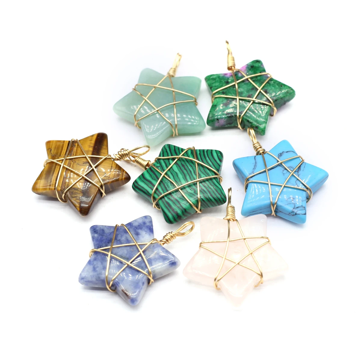 7PCS Random Natural Stone Turquoise Epidote Pentagram Shape Pendant Jewelry Making DIY Necklace Earrings Accessories Gift