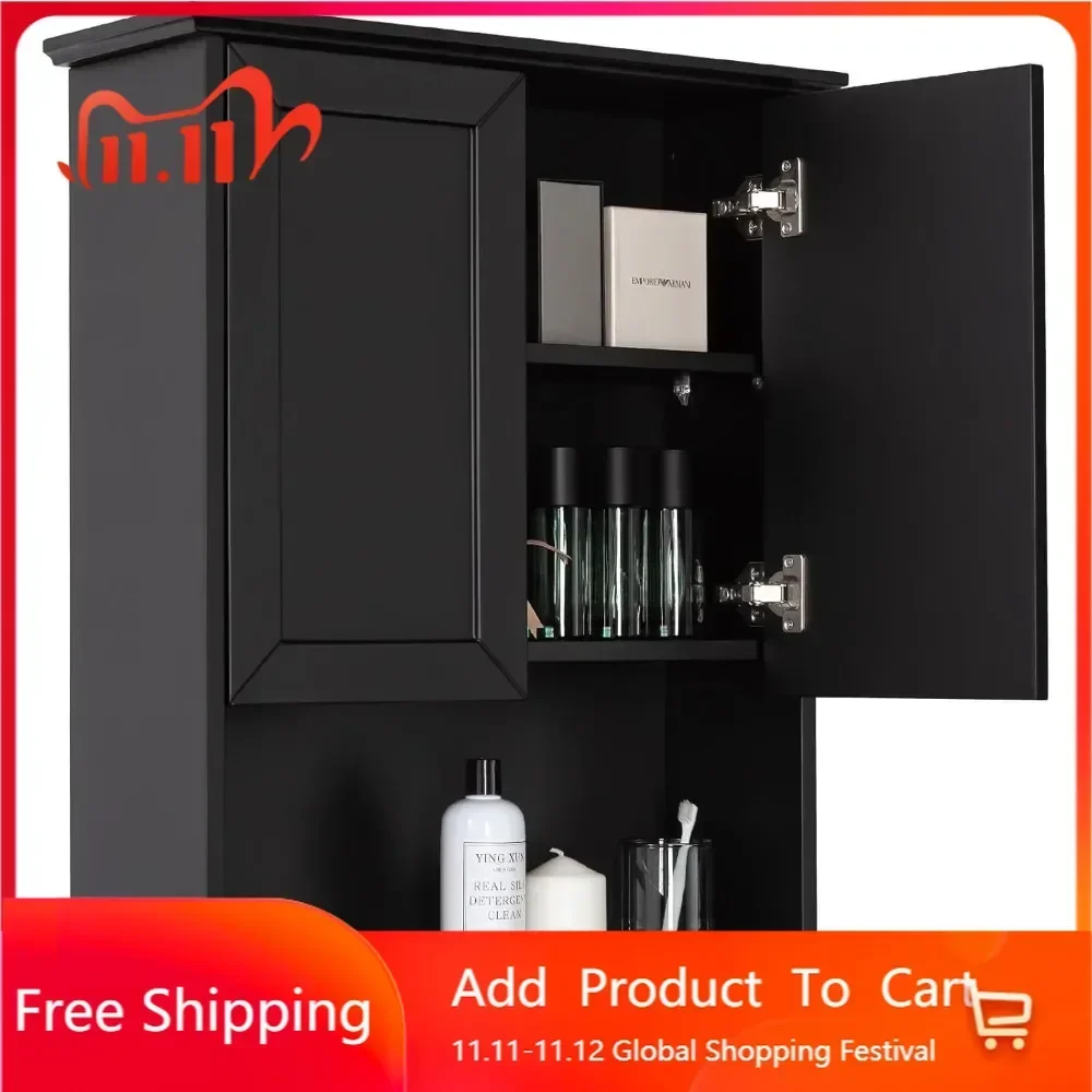 NEW-Black Bathroom Cabinet 23x29 inch Wooden Medicine Cabinet with 2 Doors and Adjustable Shelf, Wall Mounted Over Toilet Storag