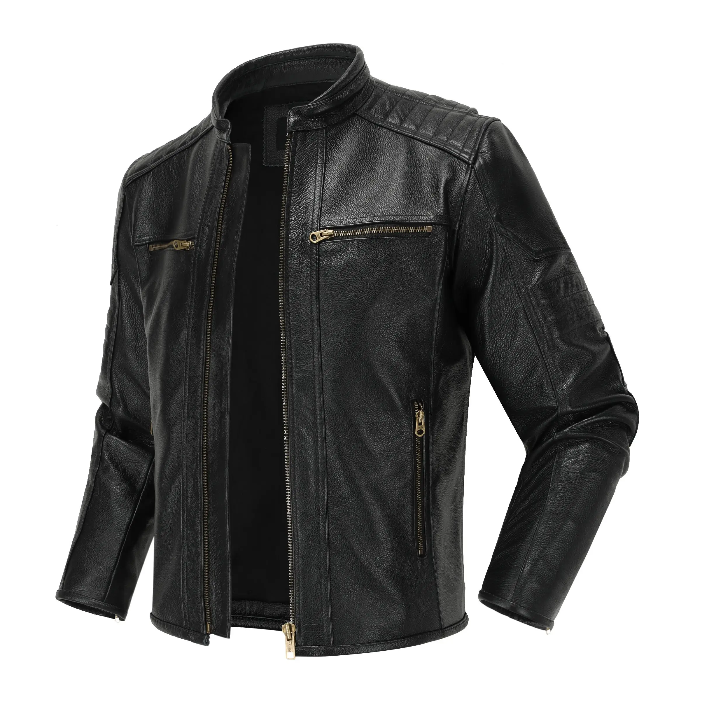 Cowhide Motorcycle Jacket Genuine Leather Stand Collar for Springtime Vintage Biker ASIAN men leather jacket women leather jacket