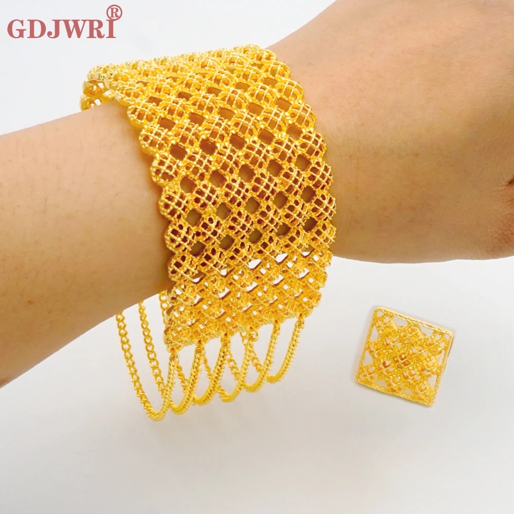 

Luxury Dubai Gold Color Tassels Cuff Bracelet&Ring Set French African Arab For Women Bridal Wedding India Jewelry Party Gifts