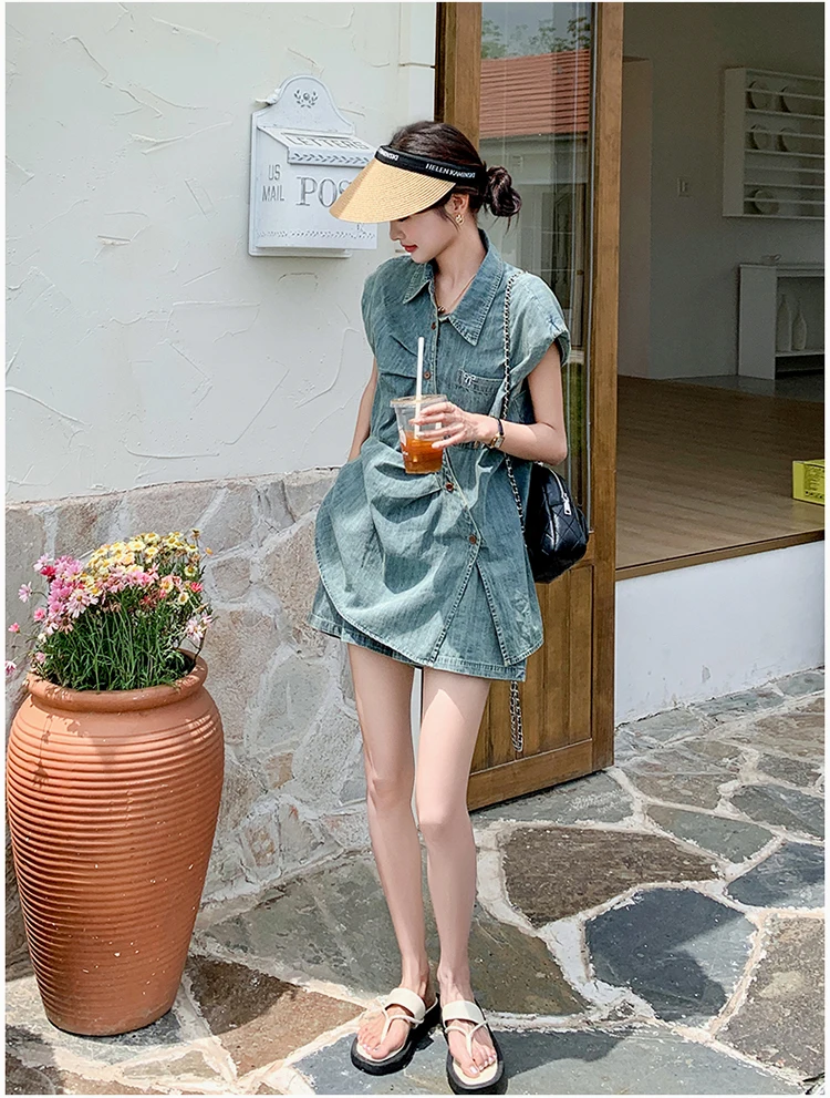 Classic Two Piece Summer Elegant Office Ladies Vintage Female Top Summer New Street Simple Casual Fashion Denim Shorts for Women