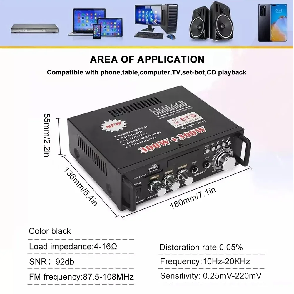 Home Amplifier Stereo Receivers Audio Max 300W*2 Power Amplifier BT USB SD RCA Remote car Stereo System