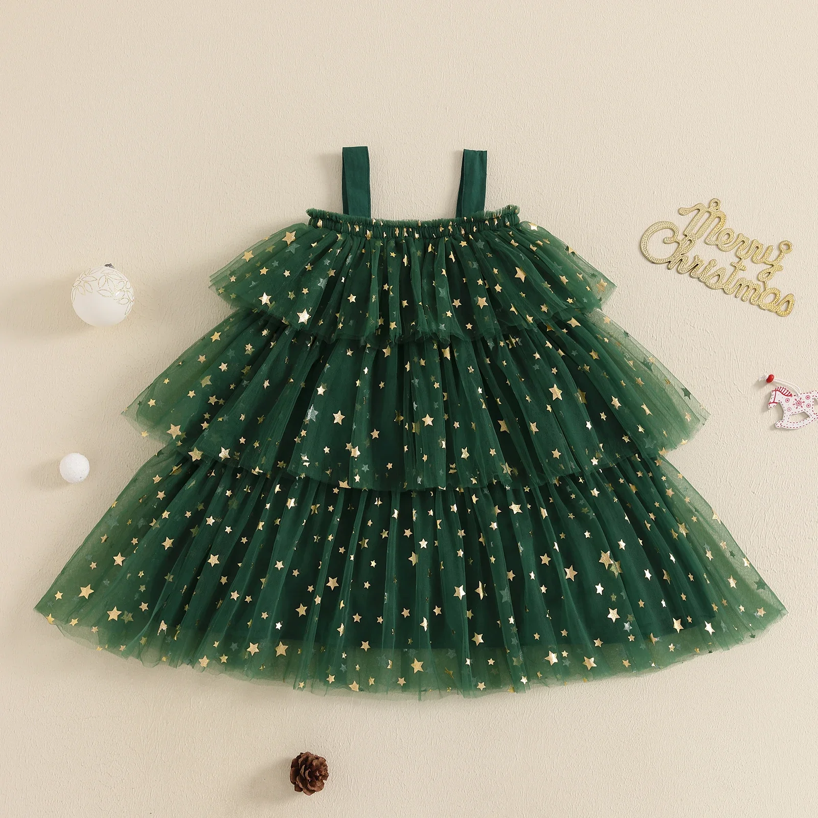 Girls Dress Kids Christmas Sleeveless Star Print Lace Tulle