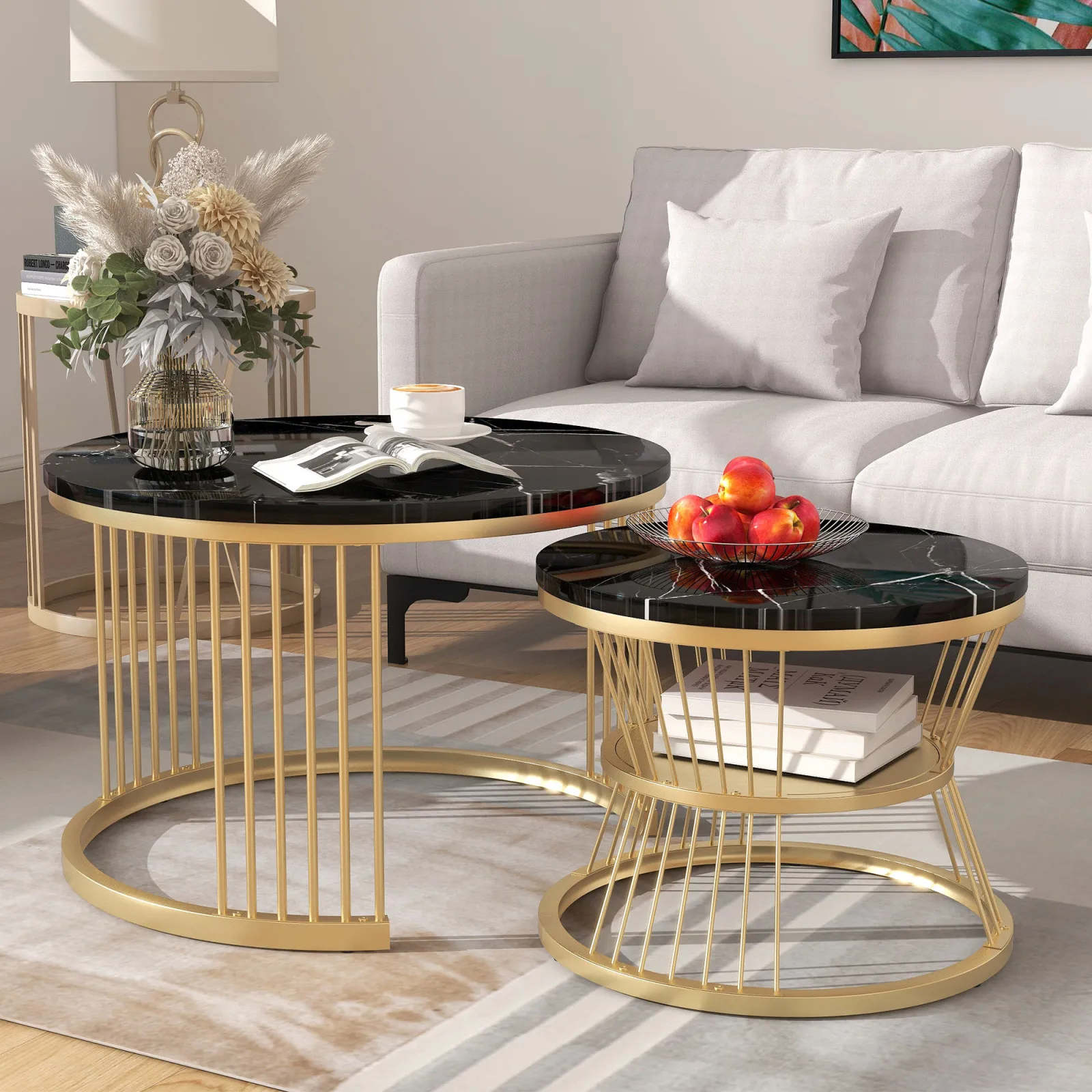 Superaly Runder Couchtisch, 2er-Set, Sofatisch, Metallgestell, Marmorfurnier, Satztisch mit offenem Regal, Schwarz – Detail 2