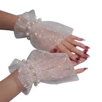 Attrezzatura fotografica per unghie Polso corto in pizzo con perle Maniche finte Polsino falso decorativo per sposa Articolo in tulle Nail art Scatta foto di sfondo