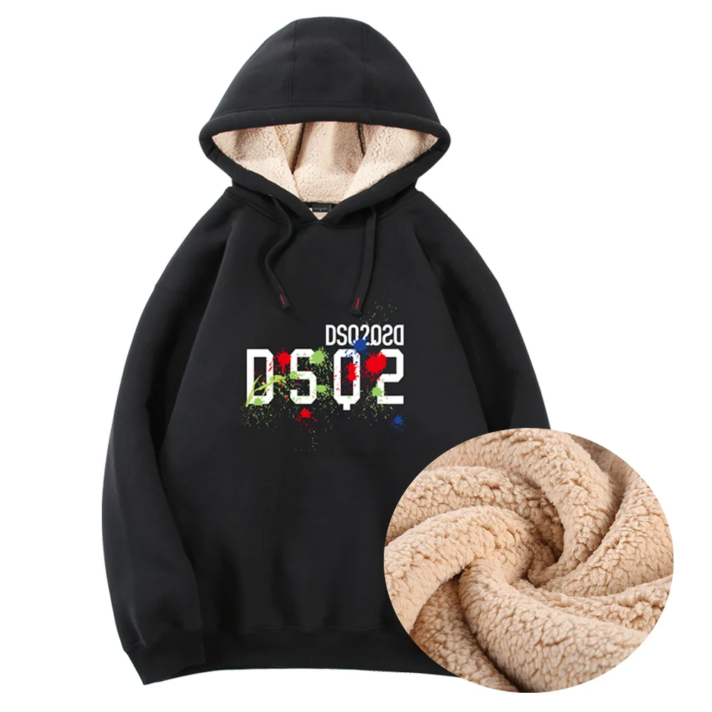 

Mens Hoodies DSQ2 ICON Winter Printed Warm Plush Thickened Sports Casual Hooded Sweater Mens Loose Lamb Fleece Comfortable Coat