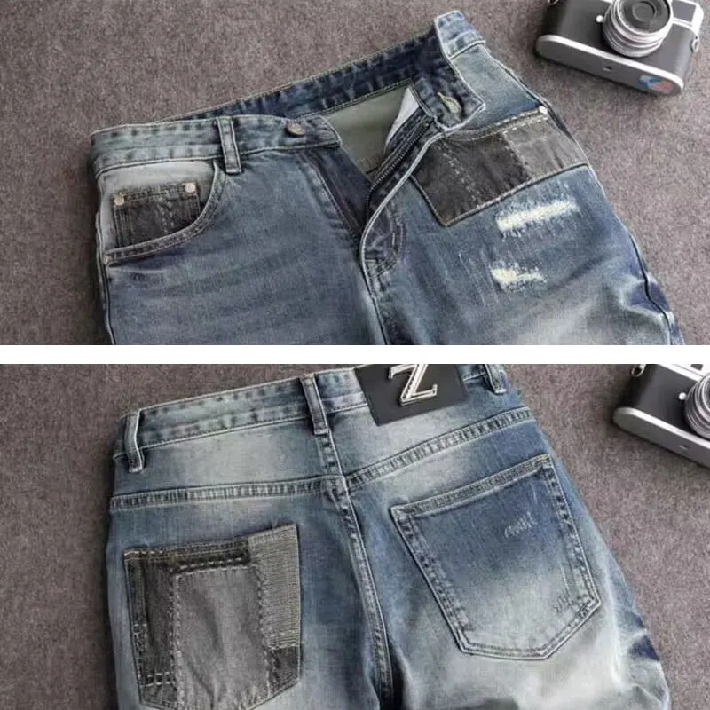 High Street Fashion Men Jeans Retro Washed Blue Stretch Slim Fit Ripped Jeans Men Patched Designer Hip Hop Denim Pencil Pants