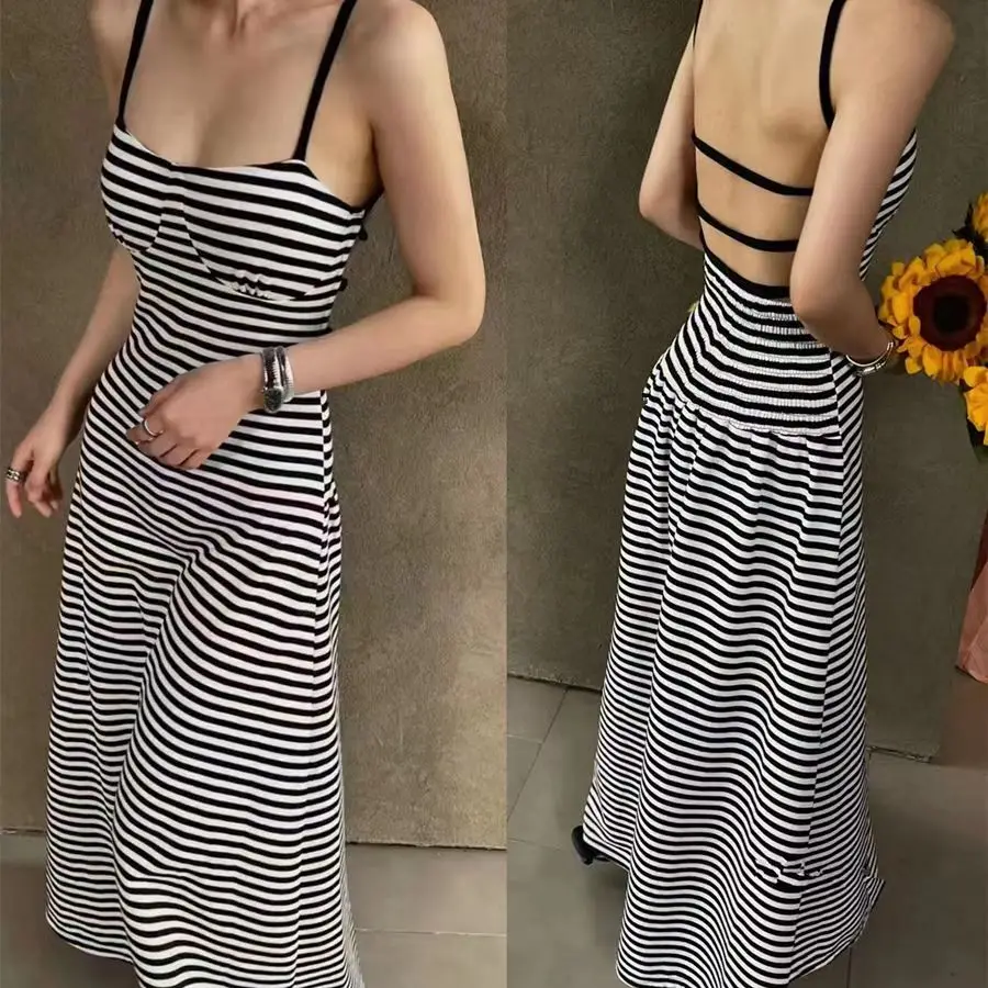 

Striped Knitted Striped Long Dresses Women's Summer Skinny Sleeveless Bodycon Maxi Dress Casual Holiday Backless Sundress