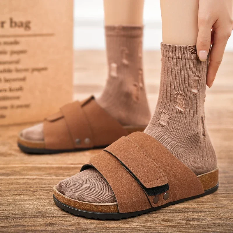 Cork Slippers Men Summer Beach Slides Suede Leather Womens Flat Sandals Fashionable Outdoor Male Mules Non Slip