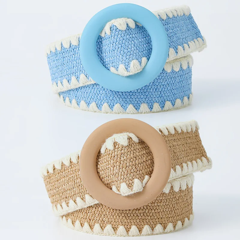 

Woven Colored Bohemia Elastic Woven Belt For Women Straw Waist Belts Elegant Braided Stretch Plastic Buckle Dress Waistband