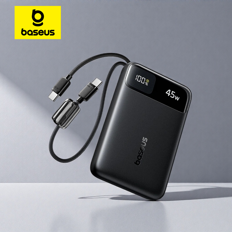 Baseus 45W Power Bank 10000mAh 20000mAh Built-In Dual USB-C Cable Fast Charging for iPhone 17 16 Pro Max Samsung S25 Xiaomi Poco