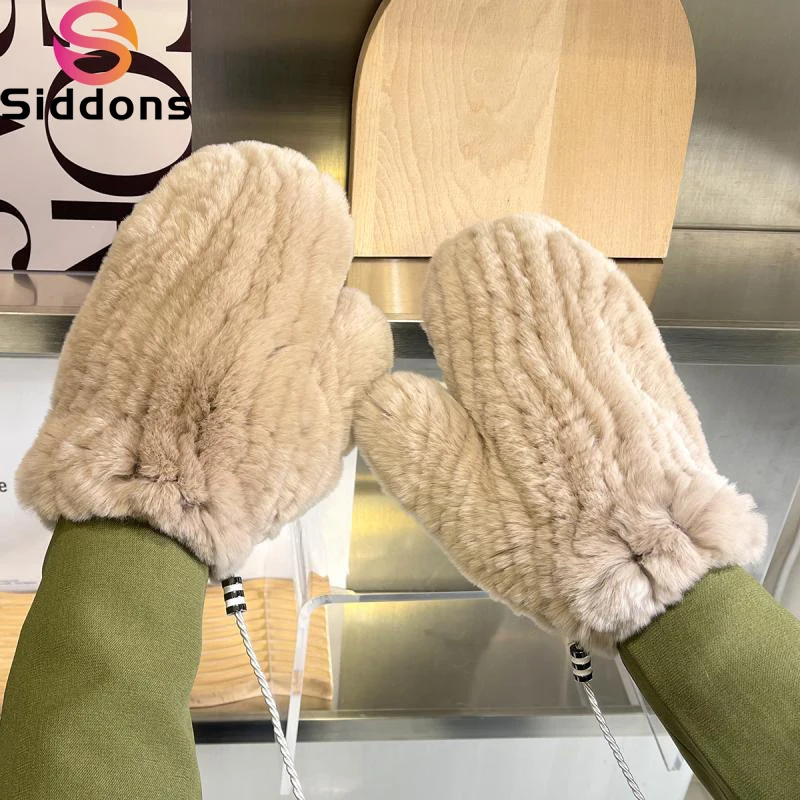 Hot Sale Winter Girl Natural Real Rex Rabbit Fur Gloves Good Elastic Knitted Rabbit Fur Mittens Lady Real Rex Gloves