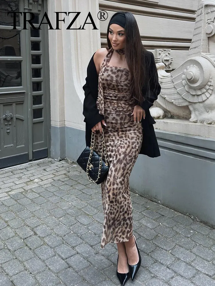 HH Women's 2024 Summer Sexy Halterneck Off-Shoulder Tube Fashion Sleeveless Leopard Print Vintage Y2K Tulle Causal Chic Tops