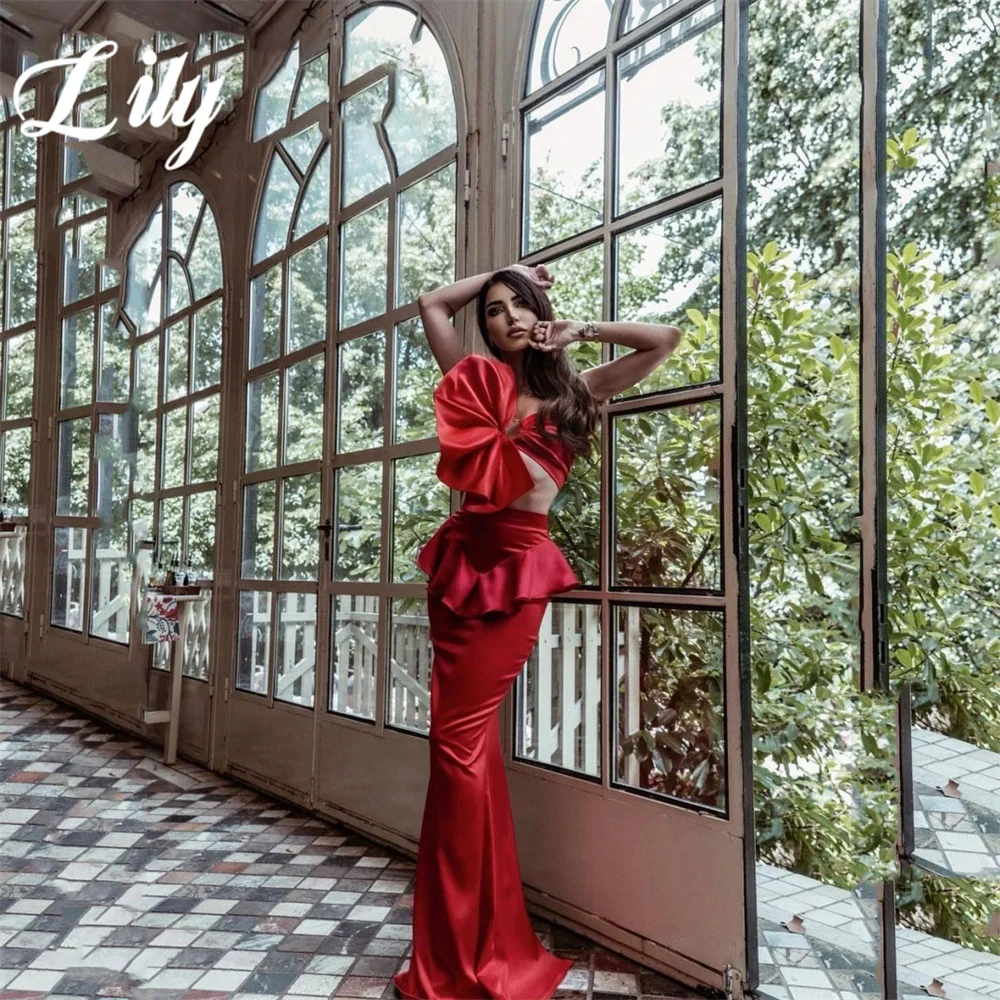 

Lily Red Prom Dress One Shoulder Sleeveless Evening Dress Cut-Outs Satin Party Dress with Pleats Sexy Mermaid Robe De Soirée