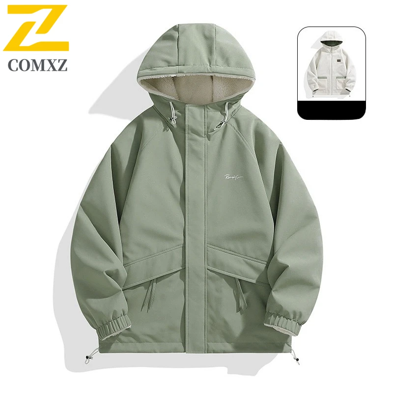 COMXZ Men Reversible Sherpa Jacket Waterproof Windproof Mountain Climbing Coat Winter Thickened Fleece Outdoor Sports Hood Parka