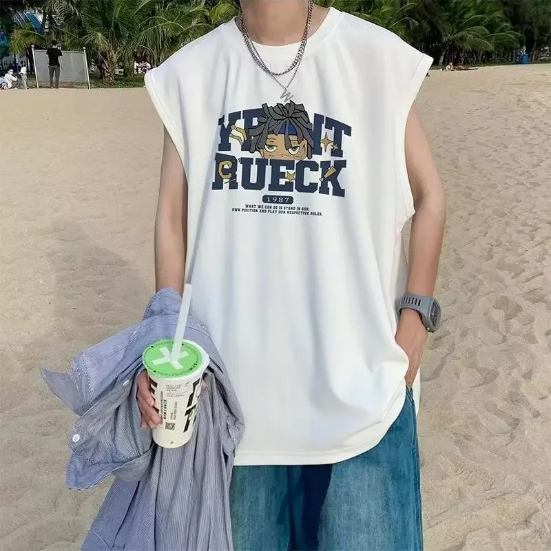 سترة كتف صيفية للرجال بدون أكمام تي شيرت رياضي بأك...