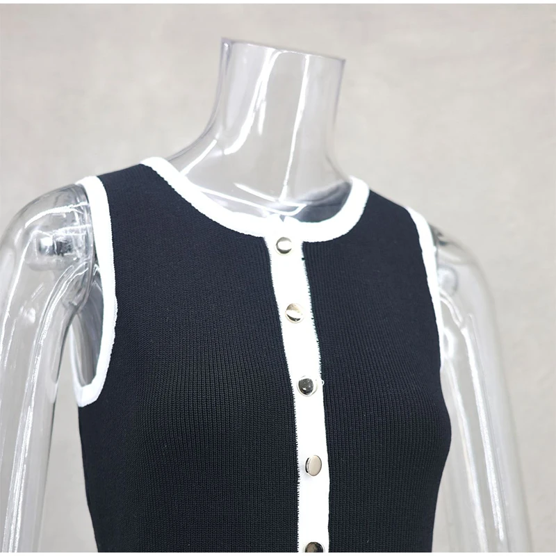 Elegant Single Breasted Knitted Maxi Dress Women Fashion O Neck Sleeveless Fake Pockets Dresses New Lady High Street Robes