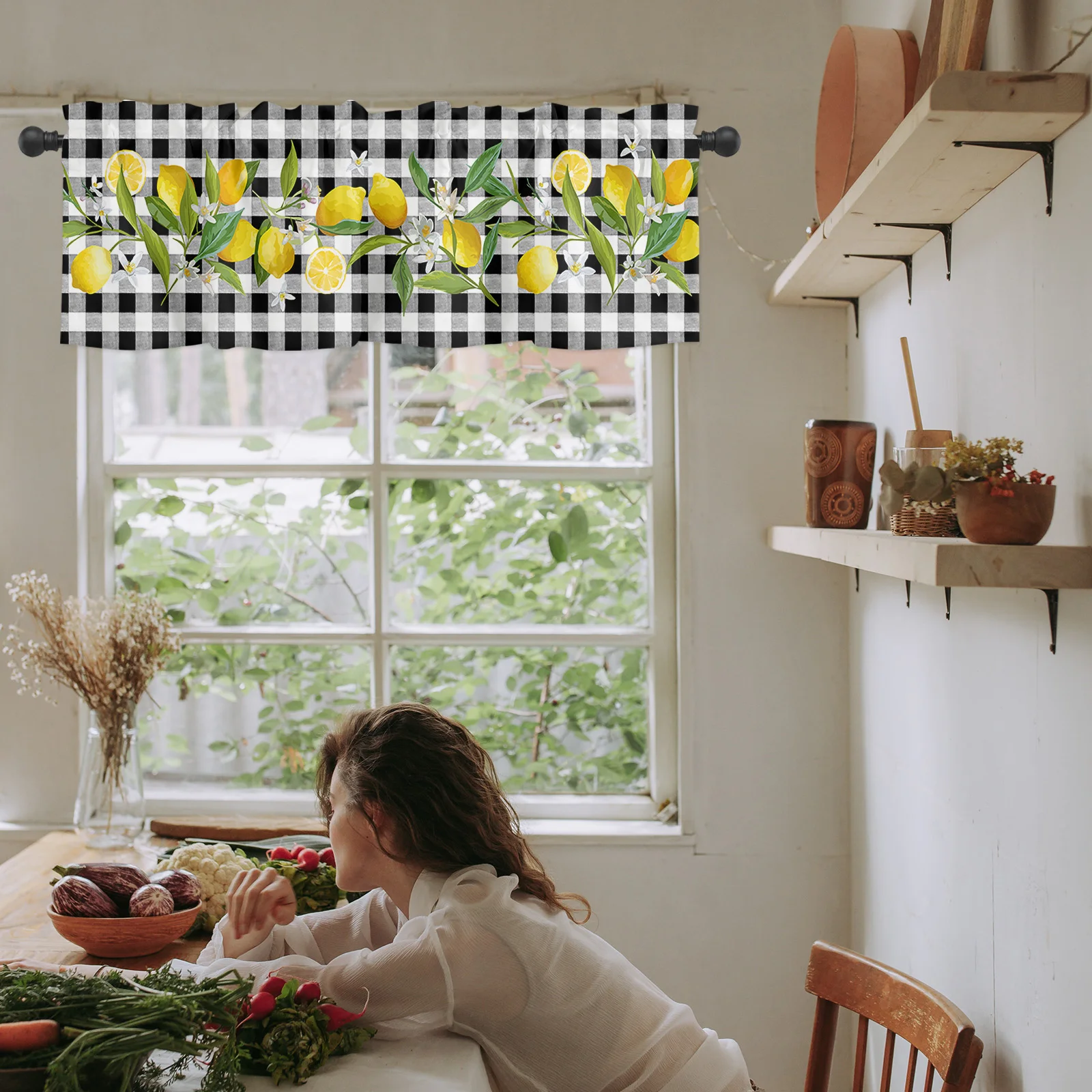 ZEDLIYU Valances for Windows Kitchen Living Room Small Window Valance Lemon Black and white checked short curtains 54 x 18 Inch 6