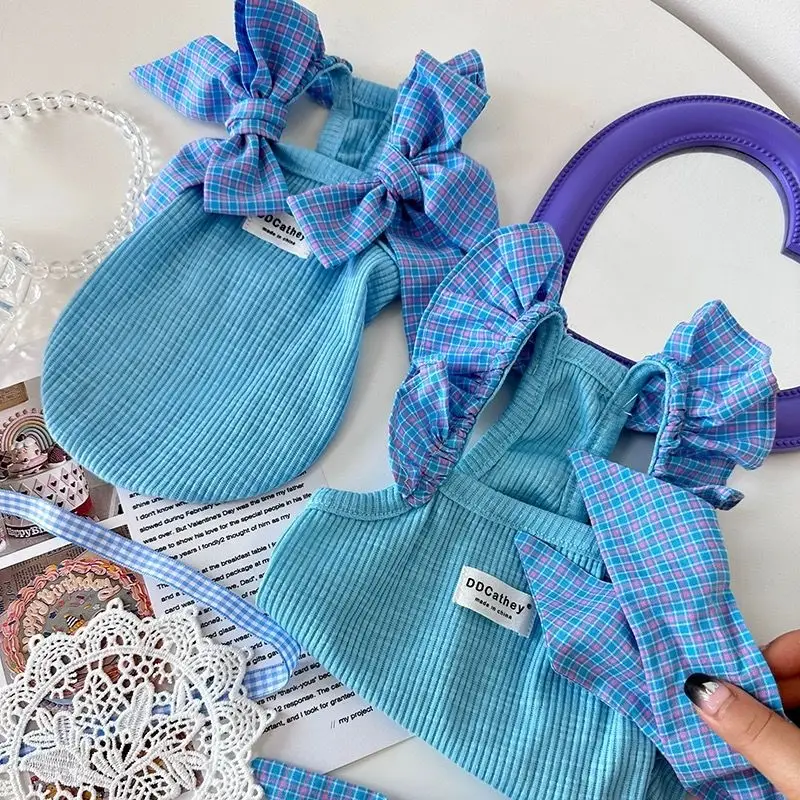 

Dogs Clothing Cat Bow Shoulder Strap Vest Dog Clothes Flutter Sleeve Ribbed Undershirt Small Korean Fashion Summer Thin Pet Item