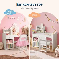 Kids Vanity with Lights, 2 in 1 Princess Makeup Vanity Desk & Chair Set, Toddler Vanity Table with Open Bookshelf for Girls 6
