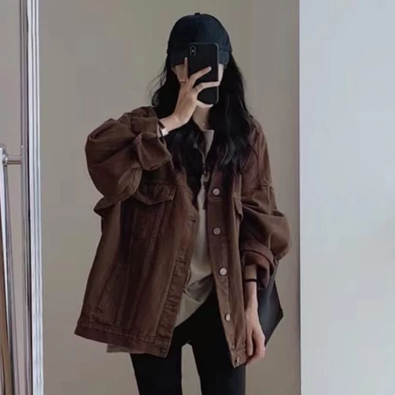 2023 Autumn New Port Style Retro Denim Coat Women Loose Slim Design Sense of Temperament Coffee Color Jacket Solid Color Commute
