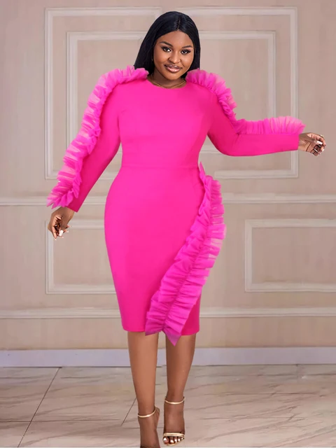 Plus Size Pink Party Dresses For Women Elegant Long Sleeve Mesh Ruffle Mini  Robe Sweet Bodycon Short Wedding Birthday Club 2022 - Plus Size Dresses -  AliExpress