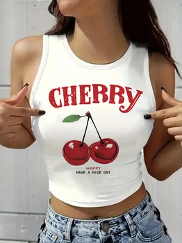 Vintage Happy Cherry Printed Crop Top Vest Women's Print Tank Top Round Neck Sleeveless Shirt Cropped T-shirt Sexy 1