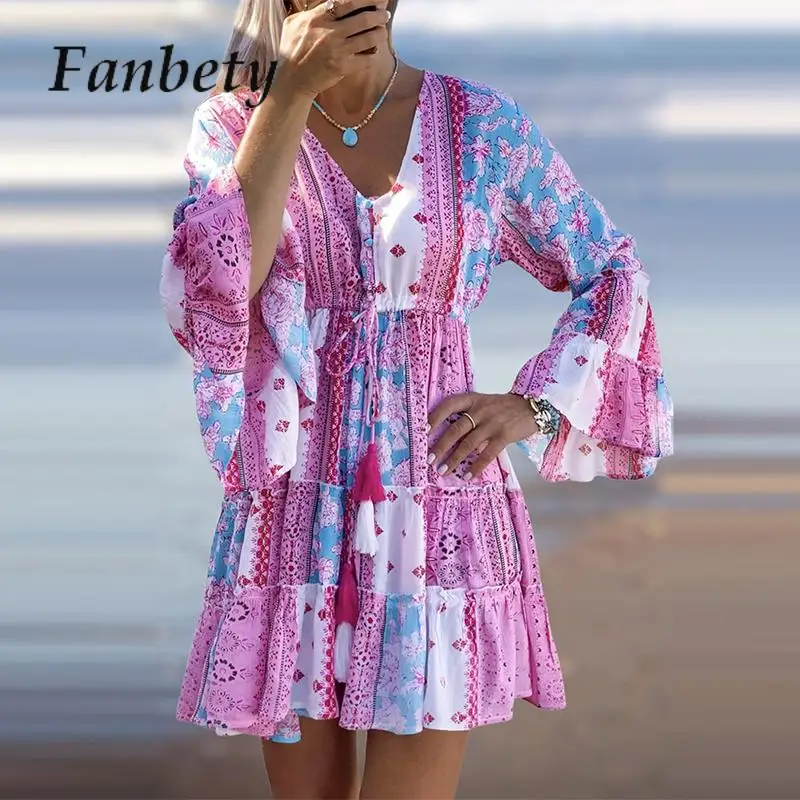 

2023 Summer Women Boho Flare Sleeve Dress New Patchwork Printed Tassel V-neck Beach Dress Casual Pleat Ruffle Print A-Line Dress