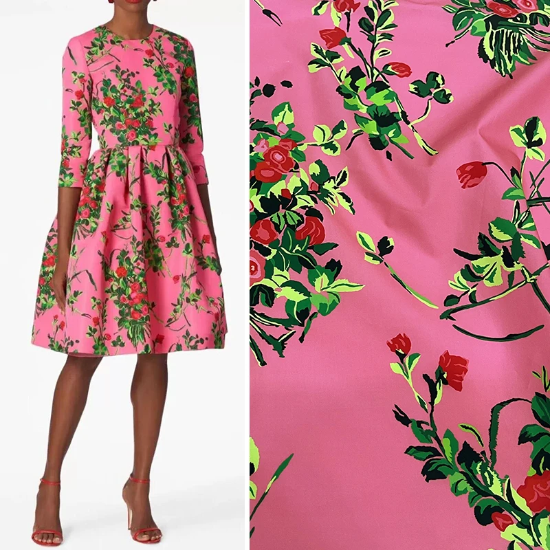 Spring and Summer Fashion Shows Pure Cotton Printed Fabric, Women's Skirts, Green Leaves, Red Flowers, DIY High Quality Fabric