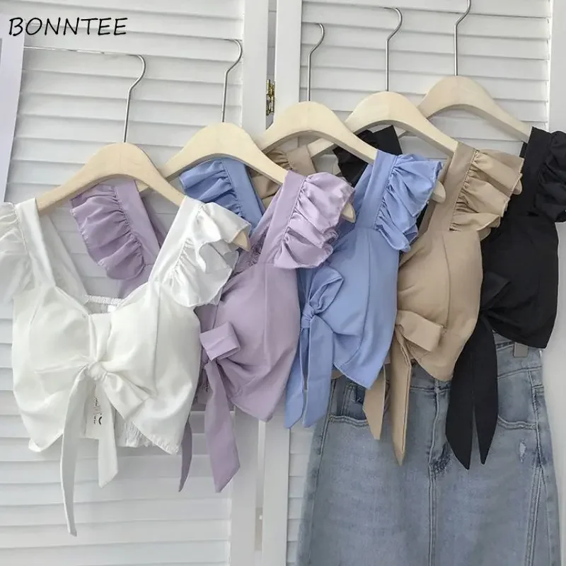 Crop Tops Camis Women Ruffles Sexy Elegant Simple Streetwear Vintage Summer Holiday Casual Young Aesthetic All-match Ulzzang New