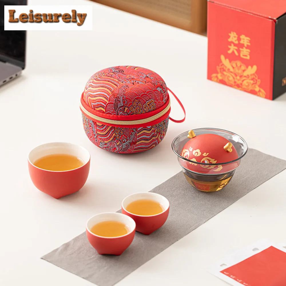 China-chic Red Dargon Travel Tea Set Kit Handmade 1 Pot 2 Cups Household Tea Brewing Travel Tea Set Portable Stock Bags Cafe