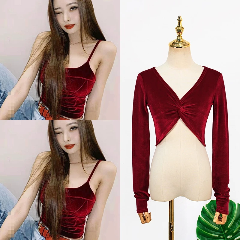 

Футболка женская с глубоким V-образным вырезом, пикантный однотонный топ из бархата в стиле звезд, в Корейском стиле, винтажная рубашка с коротким рукавом, на лето