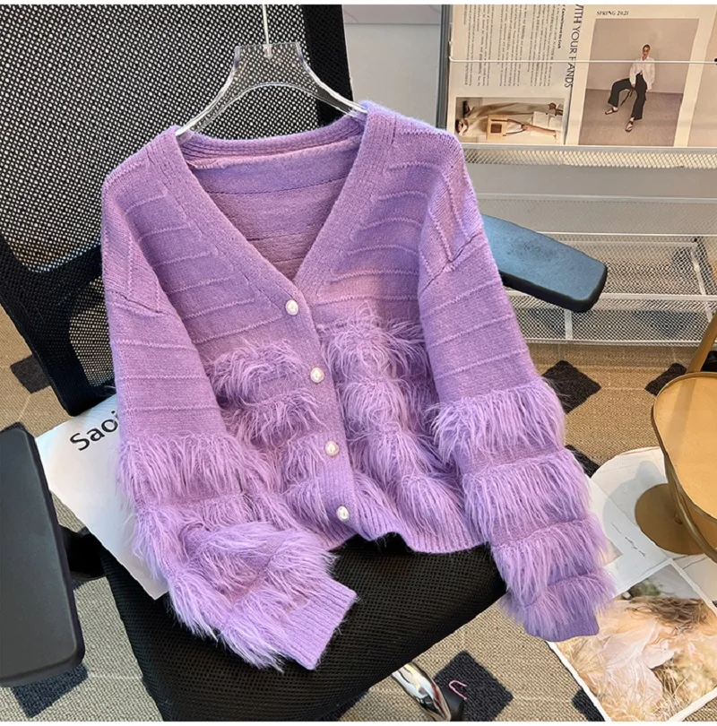 

Purple Apricot Blue V-Neck Knitted Cardigan Women's Autumn/Winter Vintage Short Mink Wool Sweater Coat