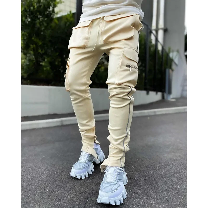 Spring And Autumn Cargo Pants Men's Fashion Brand Elastic Multi-bag Reflective Straight Leg Sports Fitness Casual Pants