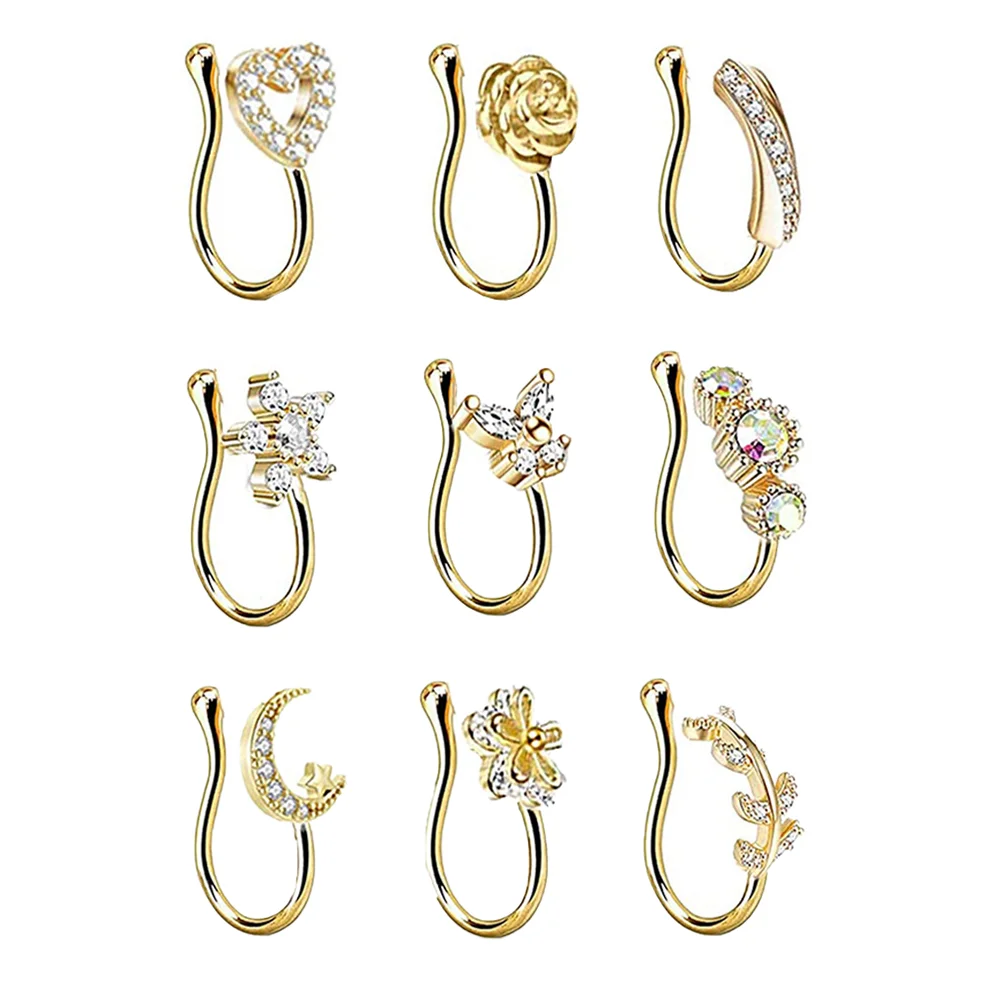 

9Pcs Nose Ring Alloy Rhinestones Non Nose Jewelry Gifts （ Golden ）