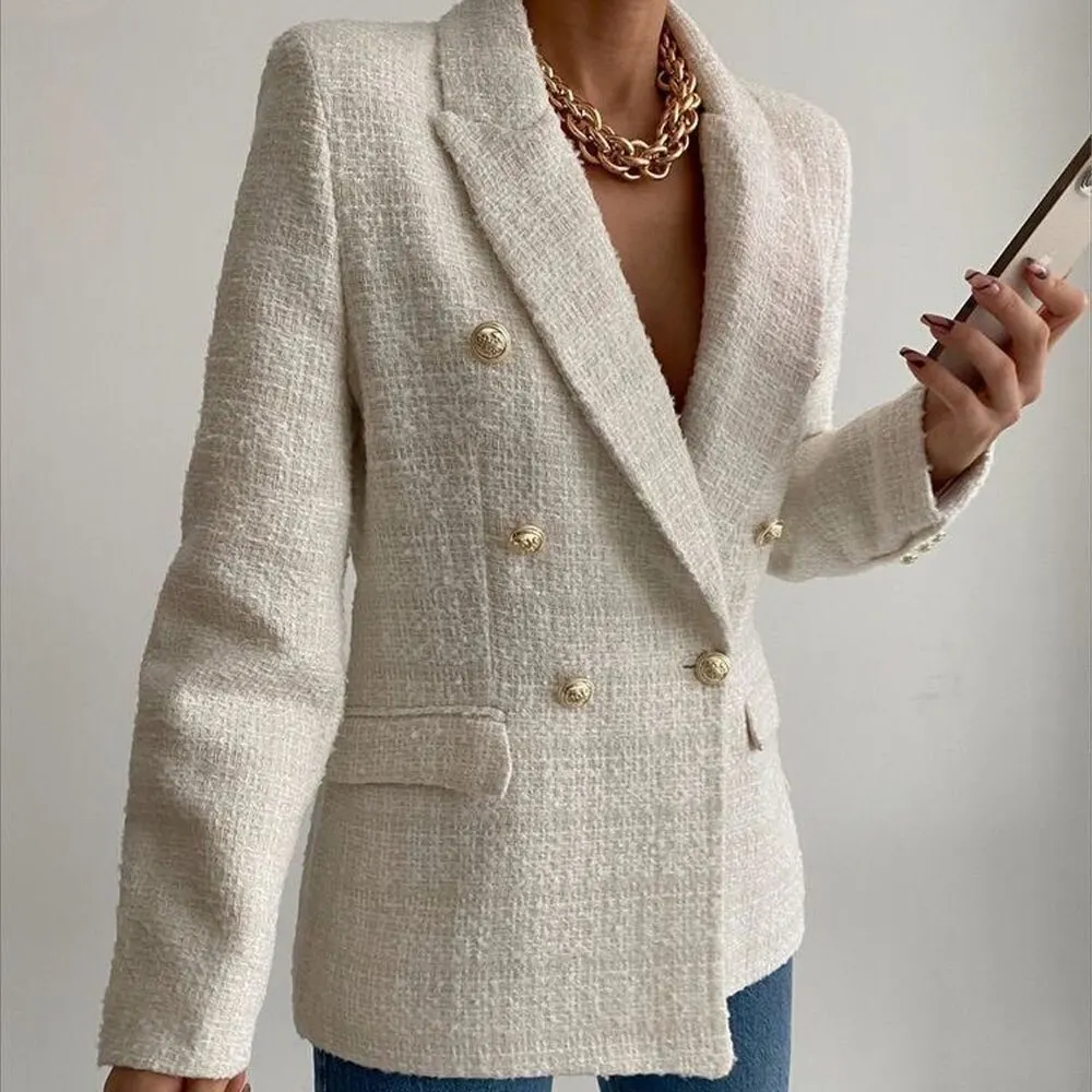 2023 Women Fashion Double Breasted Houndstooth Blazer Coat Vintage Long Sleeve Flap Pockets Female Outerwear Chic Vestes 4
