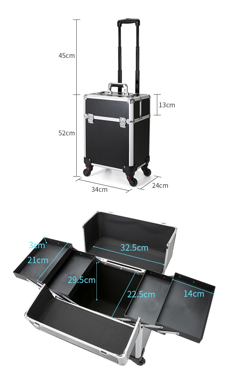TravelRolling Makeup Train Case Kosmetikwagen mit großem Fassungsvermögen, professioneller Aluminium-Reisekoffer mit Schlüssel – Detail 17