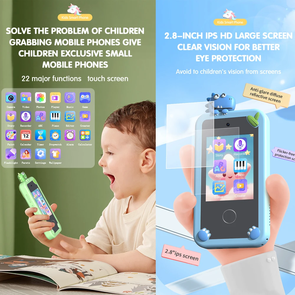 Kids Smart Phone Toys Mini Smart Phone Dual Camera Music Player Toddler Educational Learning Games Toys Girls Boys Birthday Gift