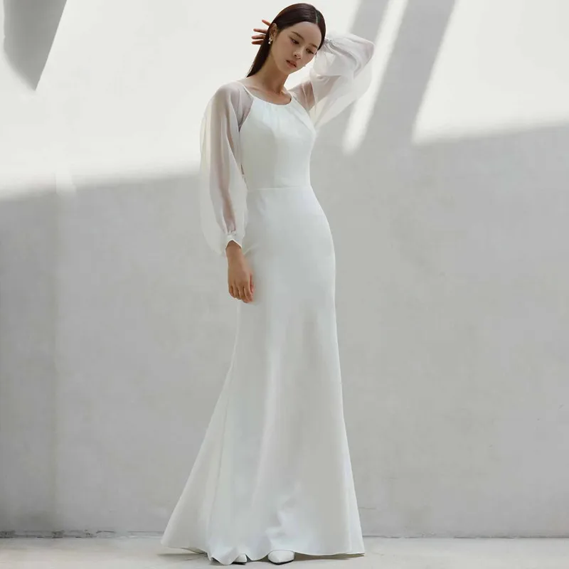 

Aleeshuo Sexy Mermaid White Evening Dresse Illusion Long Party Prom Backless With Tie Evening Gowns Floor-Length Robe soirée