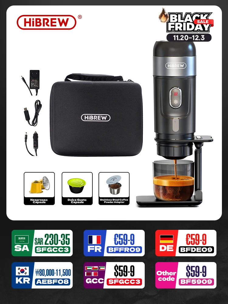HiBREW Portable Coffee Machine for Car & Home,DC12V Expresso Coffee Maker Fit Nexpresso Dolce Pod Capsule Coffee Powder H4A