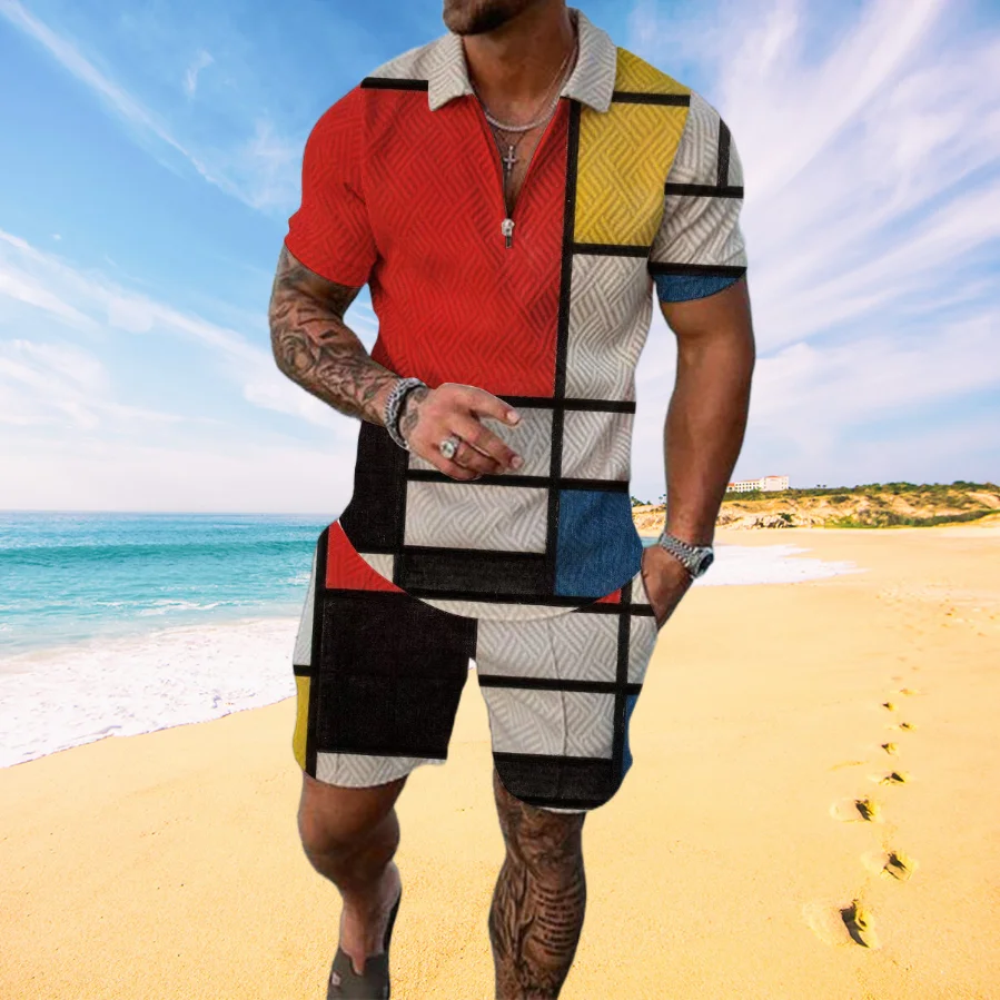 Summer Simple Retro Style Men's Zipper Collar Tracksuit Fashion Casual T-Shirt Shorts Two Piece Set Man Clothing Sweatsuit Set 3