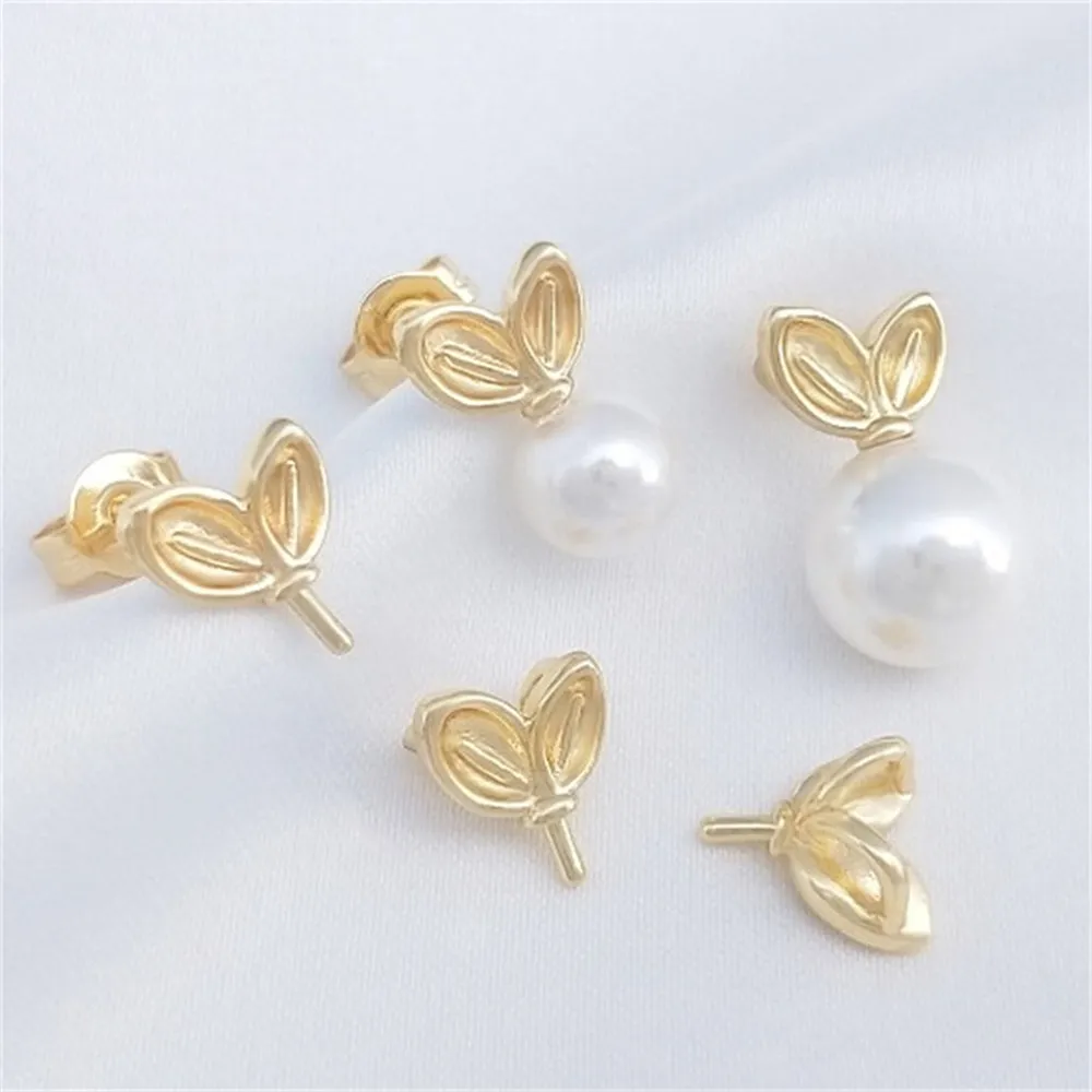 

14K Gold Filled Rabbit Ears Leaf Bead Holder Necklace Pendant Leaf Empty Holder Silver Pin Stud Earrings DIY Handmade Accessorie
