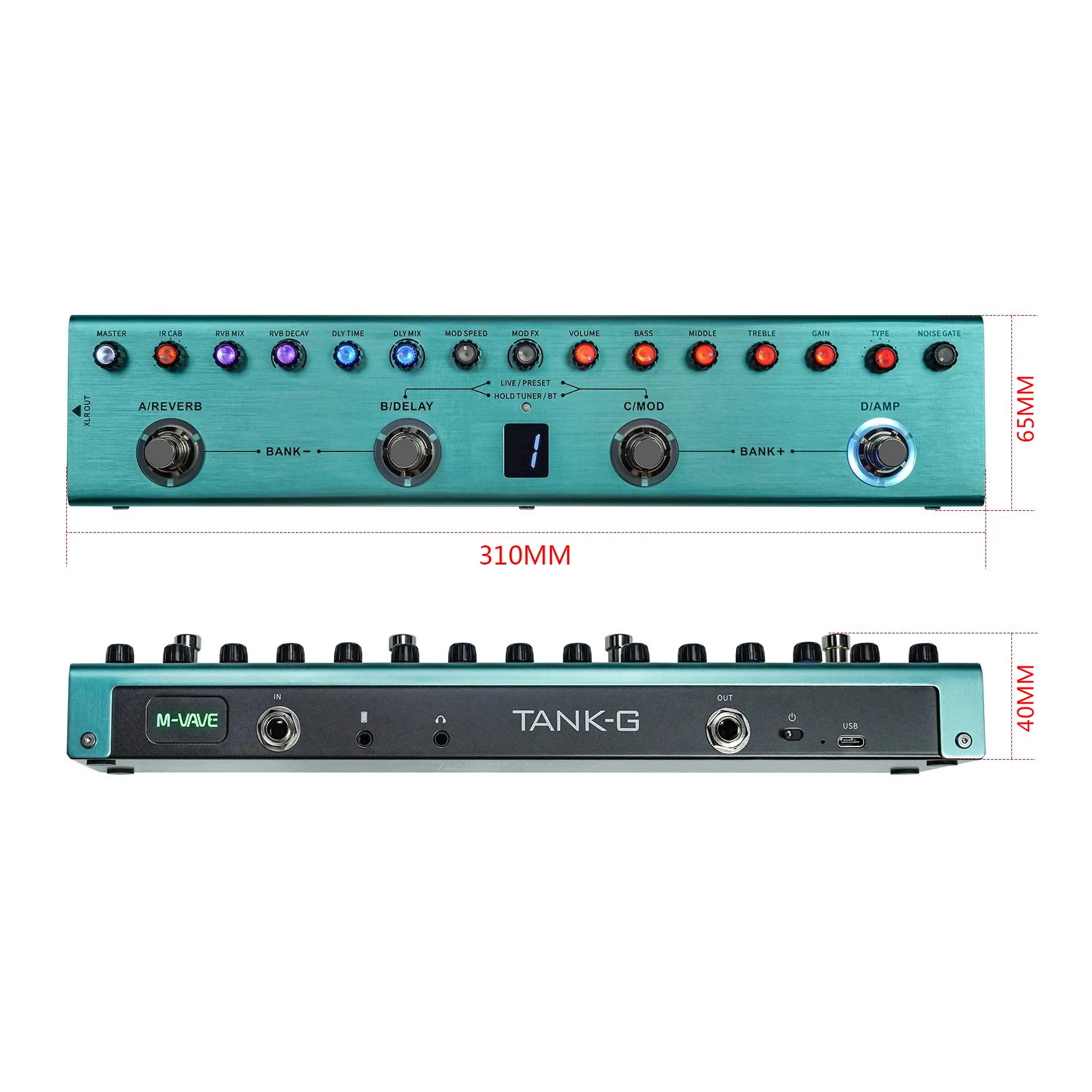 Guitar Multi-Effects Pedal M-VAVE Tank-G Rechargeable 36 Presets 9 Preamp Slots 8 IR Cab Slots