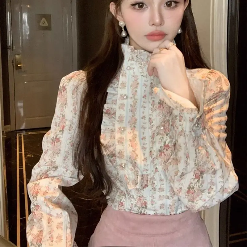 Korea Elegant Shirts Women Sweet Floral Printed Stand Collar Long Sleeve Ruffles Autumn Vintage Chic Ladies Blouse French Style