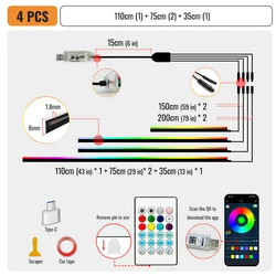 App-Controlled RGB LED Car Interior Ambient Lights with Acrylic Strips for Dashboard and Sunroof (110cm 75cm 75cm 35cm)