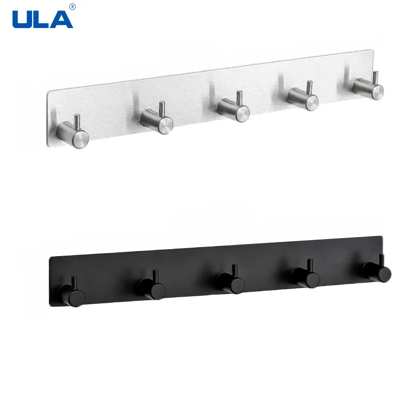 ULA Black 5 Wall Hooks Self-Adhesive Coat Hook Dress Hanger Stainless Steel Towel Holder Bathroom Kitchen Accessories Save Space