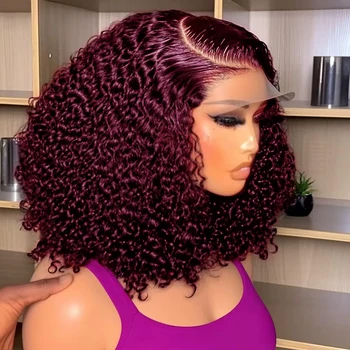 99J Deep Wave Human Hair Bob Burgundy Lace Front Wigs Bob 13x4 Lace Frontal Wig Short Bob Kinky Curly Wig Preplucked 210 Density