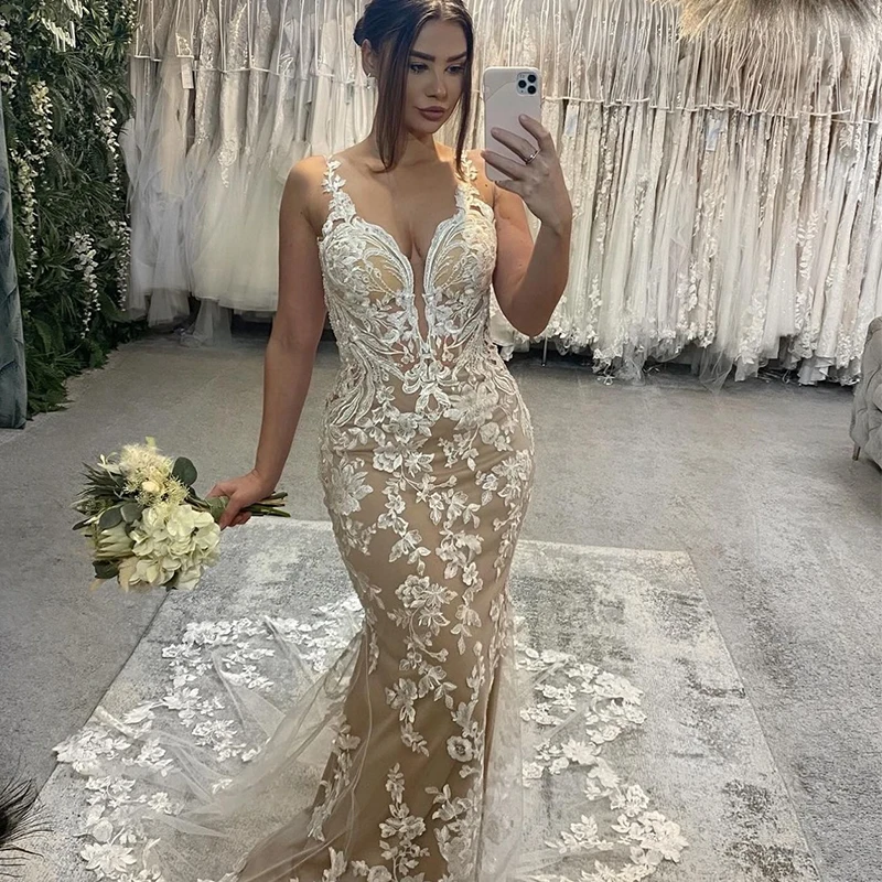 

Vintage Wedding Dress Organza With Embroidery Lace Mermaid Ball Gown V-Neck Sleeveless Bride Dress Backless Vestido De Novia